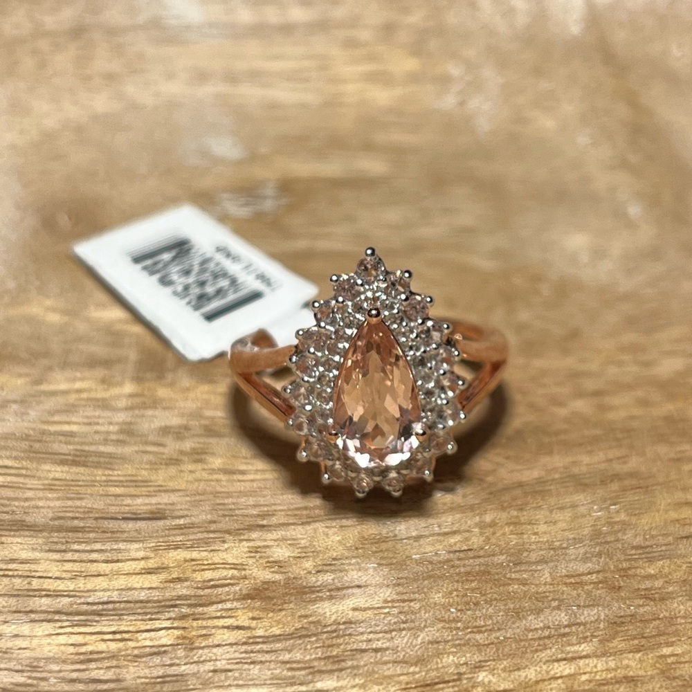 Synthetic Morganite & White Zircon Tear Drop Rose Gold Over Sterling Silver Ring